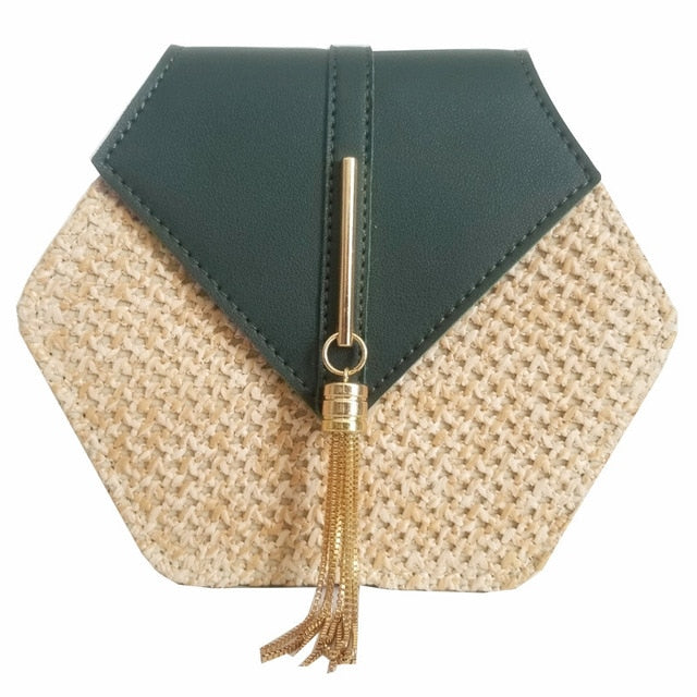 Hexagon Mulit Style Straw+leather Women  Fashion Shoulder Bag