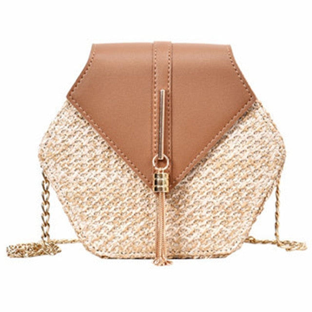 Hexagon Mulit Style Straw+leather Women  Fashion Shoulder Bag