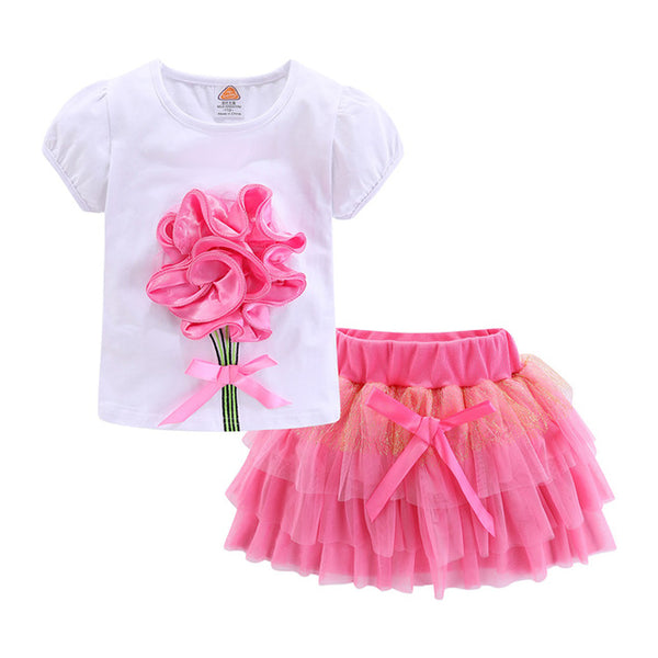 Cute Girls Outfits Boutique 3D Flower Lace Bow Tulle Tutu Skirt Sets for Toddler Girl Clothes