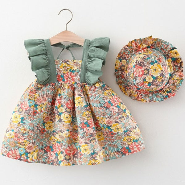 Girl Clothes Set Baby Beach Dresses Cute Bow Plaid Sleeveless Cotton+Sunhat